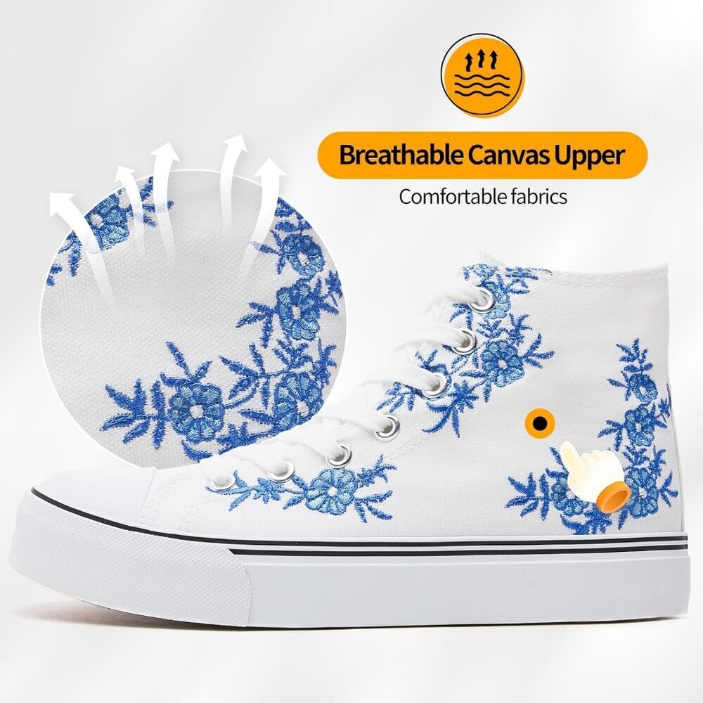 Women's White Blue High Top Sneakers Embroidery Casual Breathable Mesh Lace Up - Picture 5 of 6